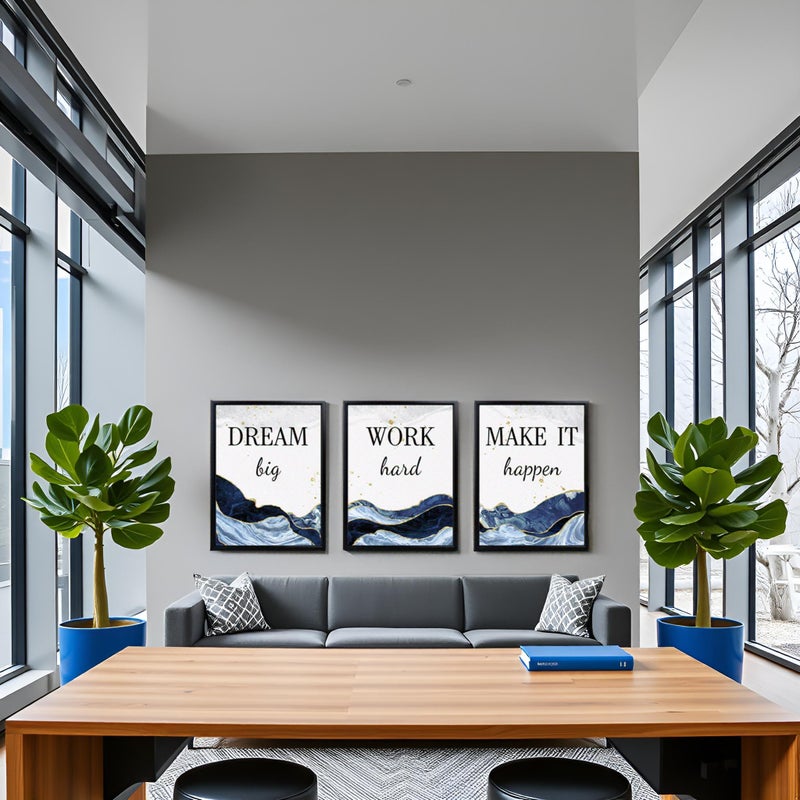 LevvArts Motivational Office Decor Dream Big Work Hard Make It Happen Inspirational Quotes Wall Art Prints Blue and Gold Artwork (Blue) - Image 4