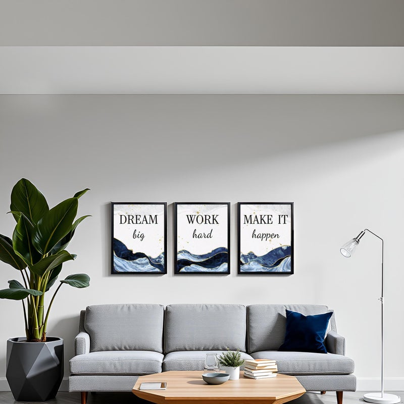 LevvArts Motivational Office Decor Dream Big Work Hard Make It Happen Inspirational Quotes Wall Art Prints Blue and Gold Artwork (Blue) - Image 2