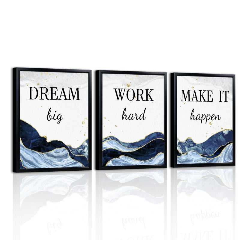 LevvArts Motivational Office Decor Dream Big Work Hard Make It Happen Inspirational Quotes Wall Art Prints Blue and Gold Artwork (Blue) - Image 1