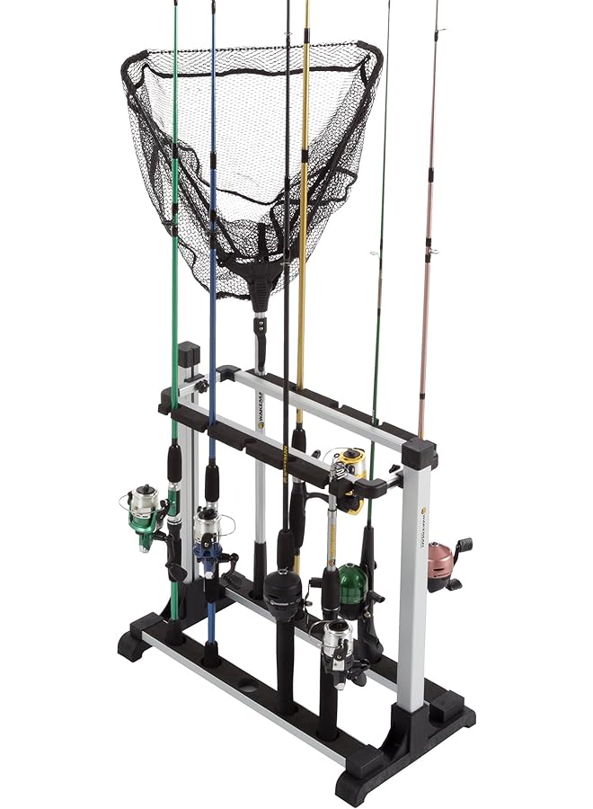 Wakeman Outdoors Fishing Rod Rack- Aluminum Freestanding Floor Storage, Organizer Stand For Home Or Garage, Fits 10 Freshwater Or Saltwater Rods, Black (80-Fsh5023) 10-Rod 
