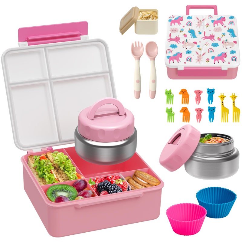 Bento Lunch Box with 95 oz Soup Thermo Kids Leakproof 4 Compartments Bento Box with Silicone CupcakeFruit ForkSpoon and Sauce CupInsulated Food Jar for School TravelRainbow Horse