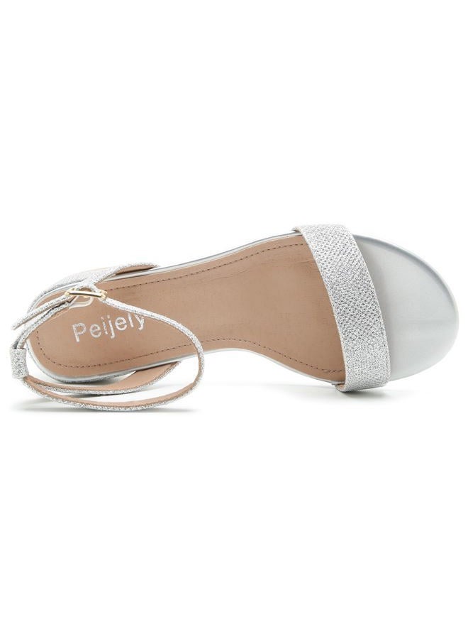 Peijely Women's Open Toe Ankle Strap Low Block Chunky Heels Sandals Party Dress Flat Sandals Glitter Silver 41 - insole length: 25.5cm/10.04 inch - US 8.5 - Image 4