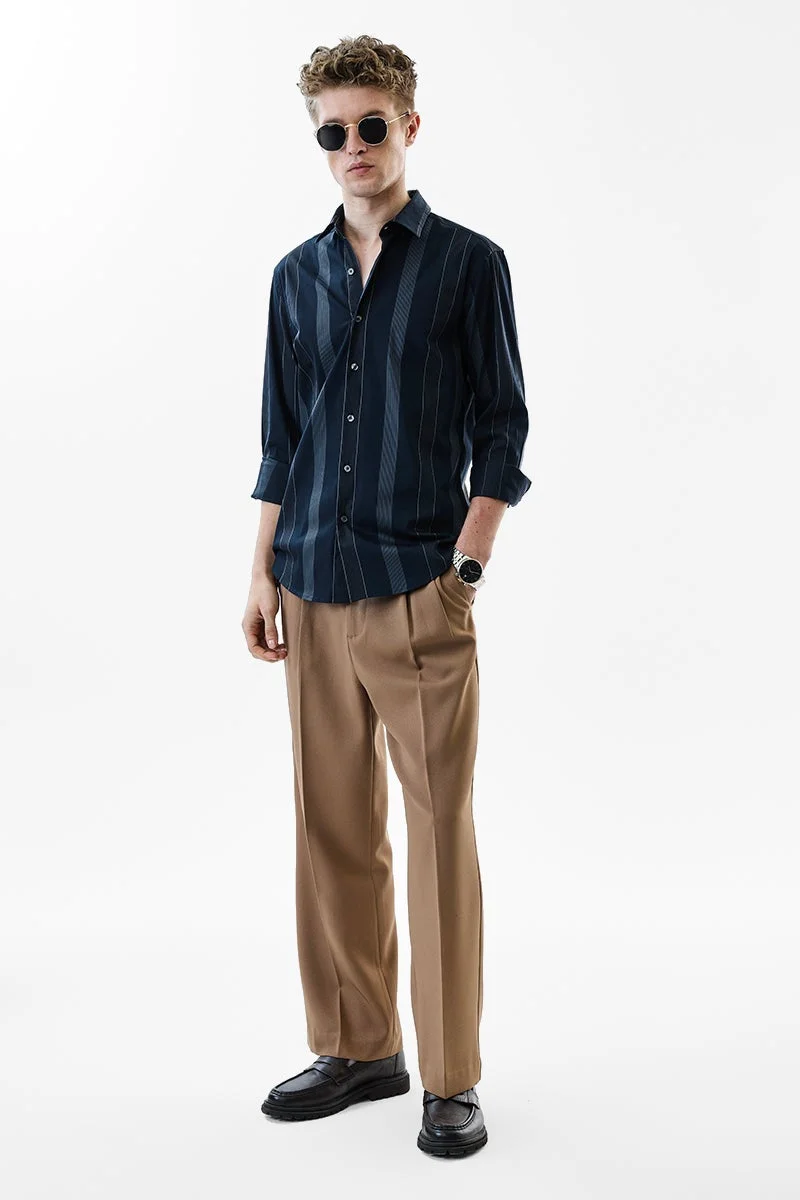 سنيتش Dark Blue Striped Long Sleeve Slim Fit Luxe Shirt