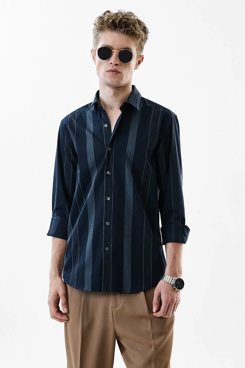 سنيتش Dark Blue Striped Long Sleeve Slim Fit Luxe Shirt