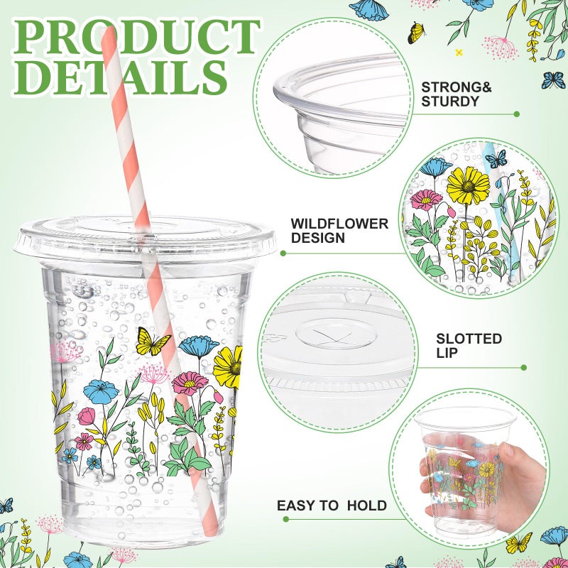Funnymoom 50 Pcs Spring Wildflower Disposable Cups with Lids and Straw 12 oz Floral Plastic Cups Flower Drinking Cups for Spring Summer Birthday Tea Party Baby Shower Party Supplies - Image 2