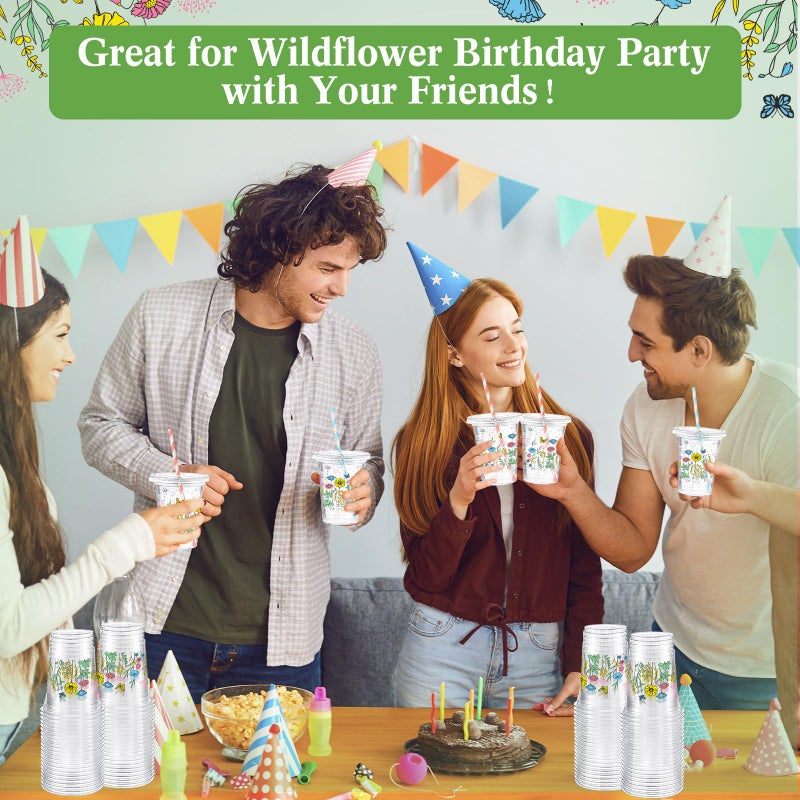 Funnymoom 50 Pcs Spring Wildflower Disposable Cups with Lids and Straw 12 oz Floral Plastic Cups Flower Drinking Cups for Spring Summer Birthday Tea Party Baby Shower Party Supplies - Image 3