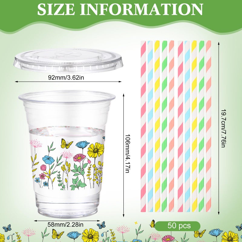 Funnymoom 50 Pcs Spring Wildflower Disposable Cups with Lids and Straw 12 oz Floral Plastic Cups Flower Drinking Cups for Spring Summer Birthday Tea Party Baby Shower Party Supplies - Image 1