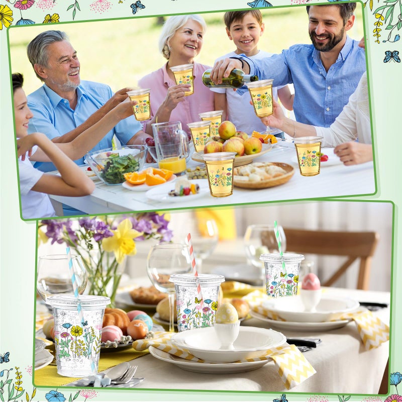 Funnymoom 50 Pcs Spring Wildflower Disposable Cups with Lids and Straw 12 oz Floral Plastic Cups Flower Drinking Cups for Spring Summer Birthday Tea Party Baby Shower Party Supplies - Image 4