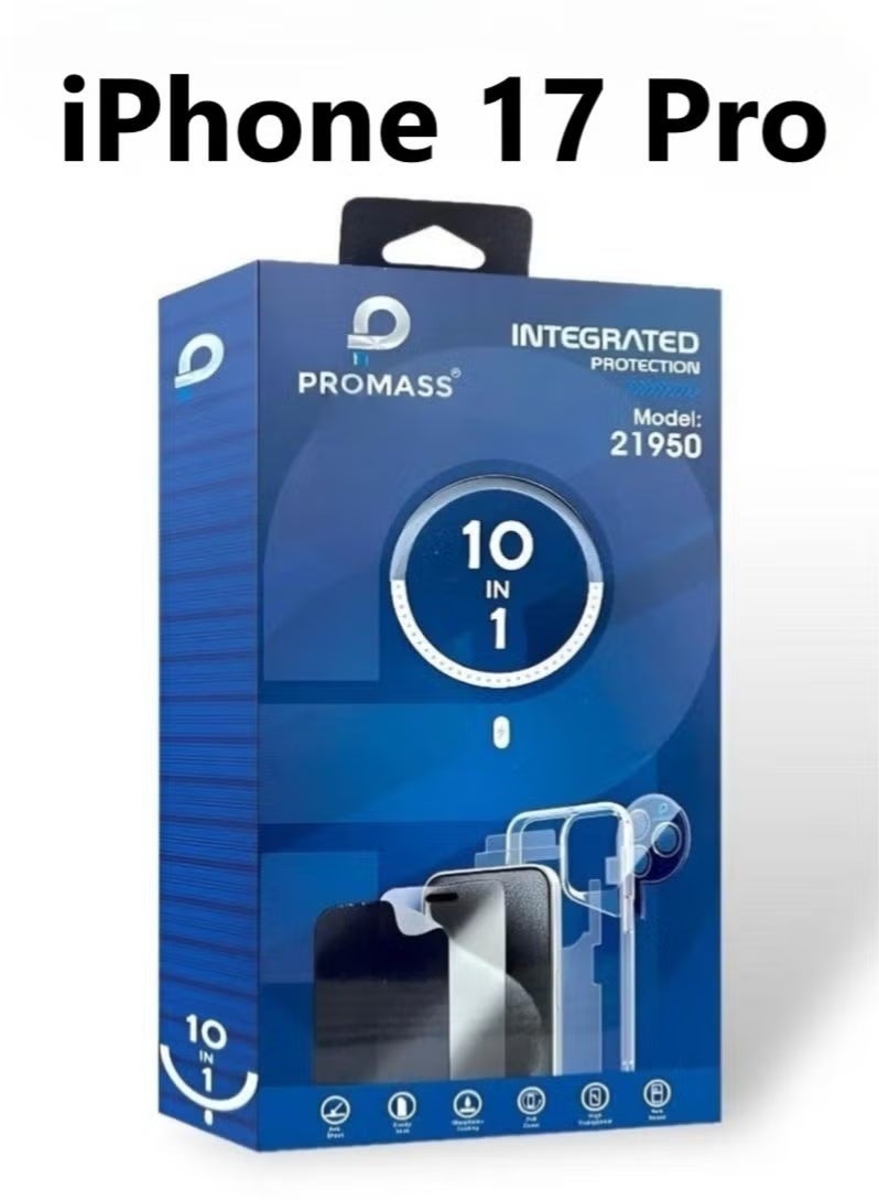 PROMASS integrated protection package for the iPhone 17 Pro. The package has a new look and complete protection for your phone with a case that supports MageSafe wireless charging from Promas (10in1) - Image 1