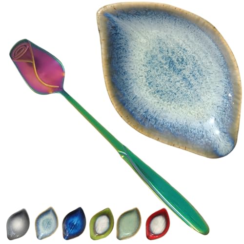 TOPYOKK Coffee Spoon and Rest for Coffee Bar Accessories, Small Spoon Rest for Coffee Bar & Station, Tea Spoon Rest & Holder for Teaspoon Rest, 1 PC (Retro Sea Blue Leaf with Rainbow Rose Spoon) - Image 1