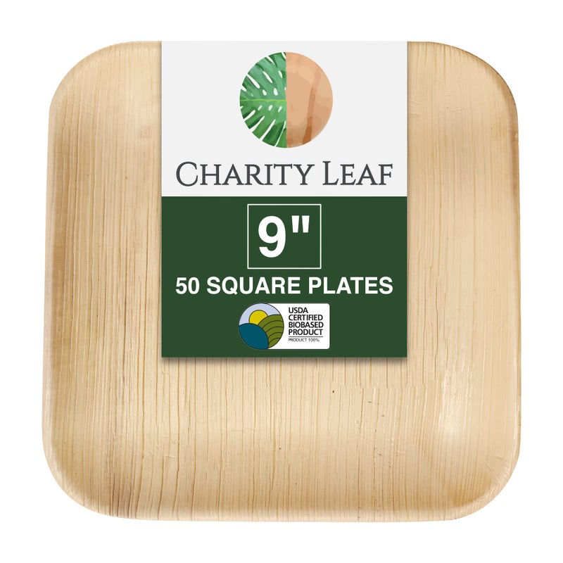 Charity Leaf Disposable Palm Leaf 9"" Square Plates (50 pieces) Bamboo Like Serving Platters  Disposable Boards  Eco-Friendly Dinnerware For Weddings  Catering  Events - Image 1