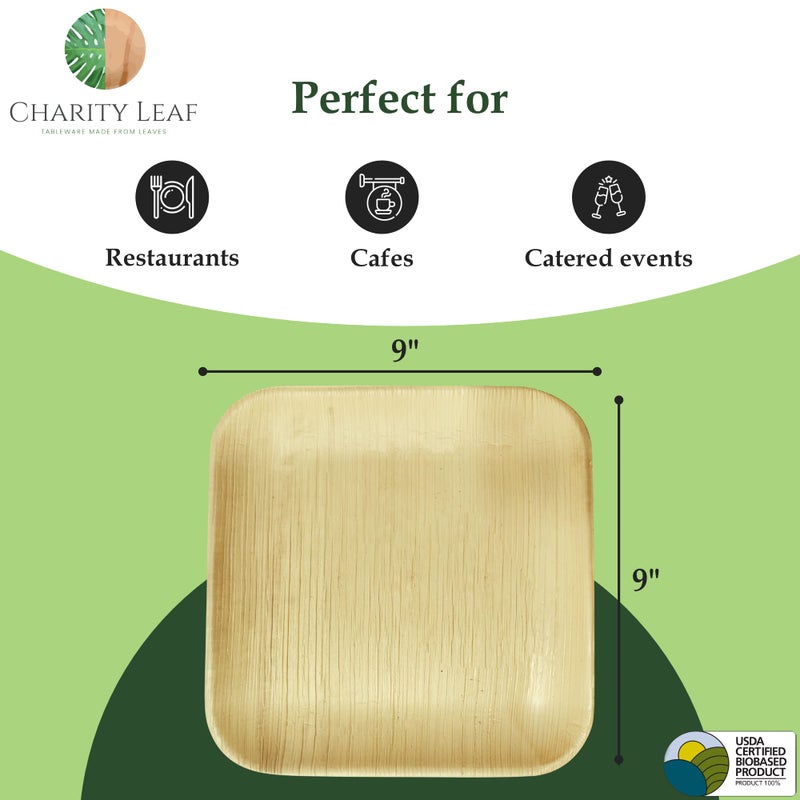 Charity Leaf Disposable Palm Leaf 9"" Square Plates (50 pieces) Bamboo Like Serving Platters  Disposable Boards  Eco-Friendly Dinnerware For Weddings  Catering  Events - Image 3