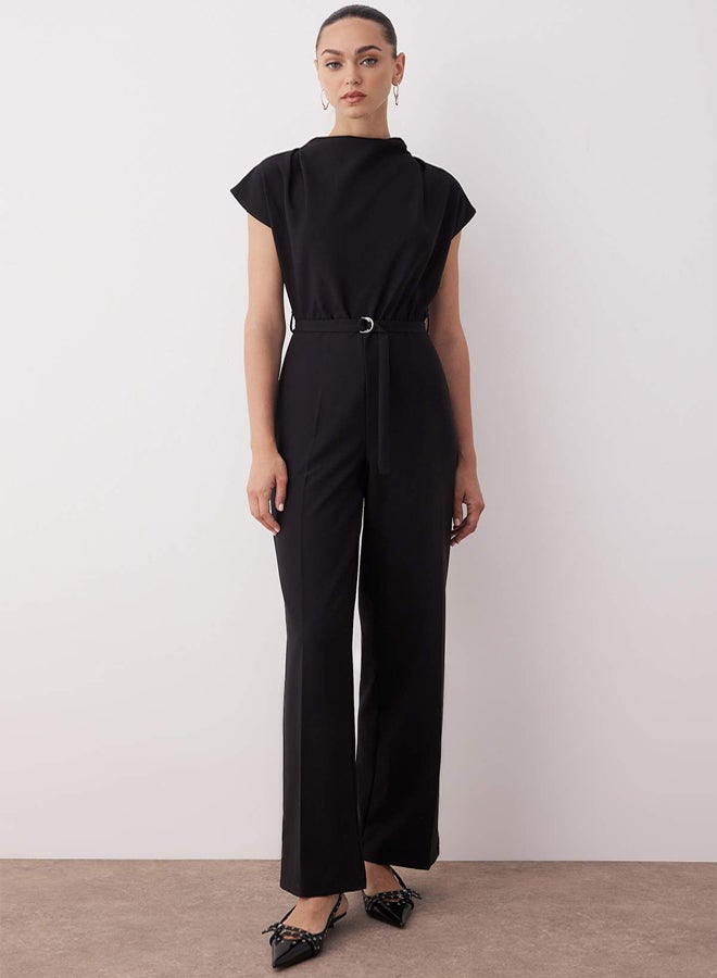 trendyol Black Belted Wide Leg Degaje Collar Jumpsuit - Image 2