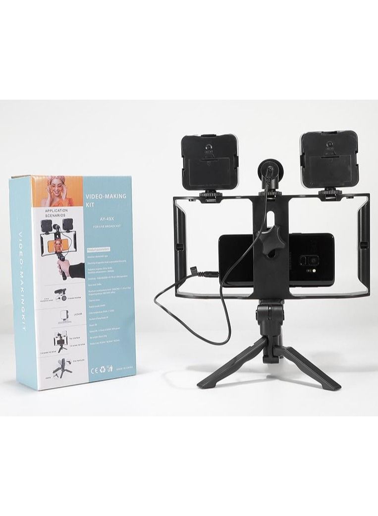 3 in 1   for all Smartphone Vlogging Video Rig Kit Video Grip with Microphone  Video Light  Cold Shoe Tripod Head Mini Tripod - Image 1