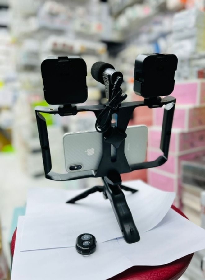 3 in 1   for all Smartphone Vlogging Video Rig Kit Video Grip with Microphone  Video Light  Cold Shoe Tripod Head Mini Tripod - Image 2