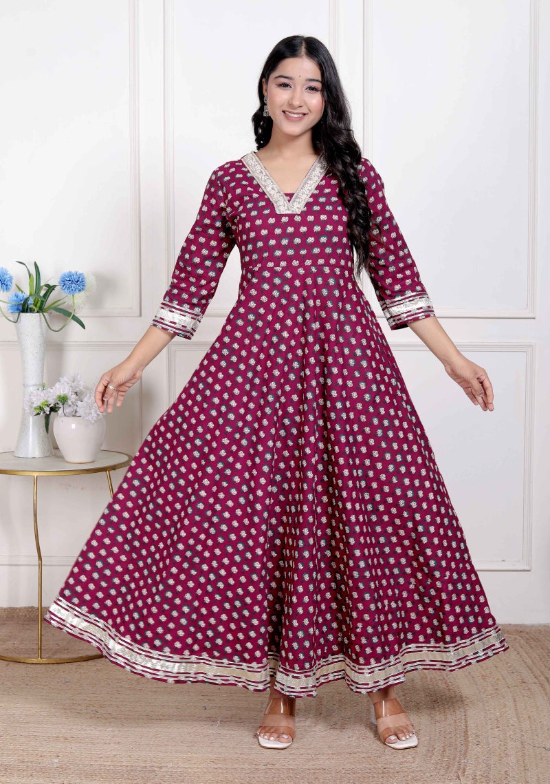 Miravan Women Maroon Floral Print Soft Cotton embroidered Anarkali Kurta - Image 1