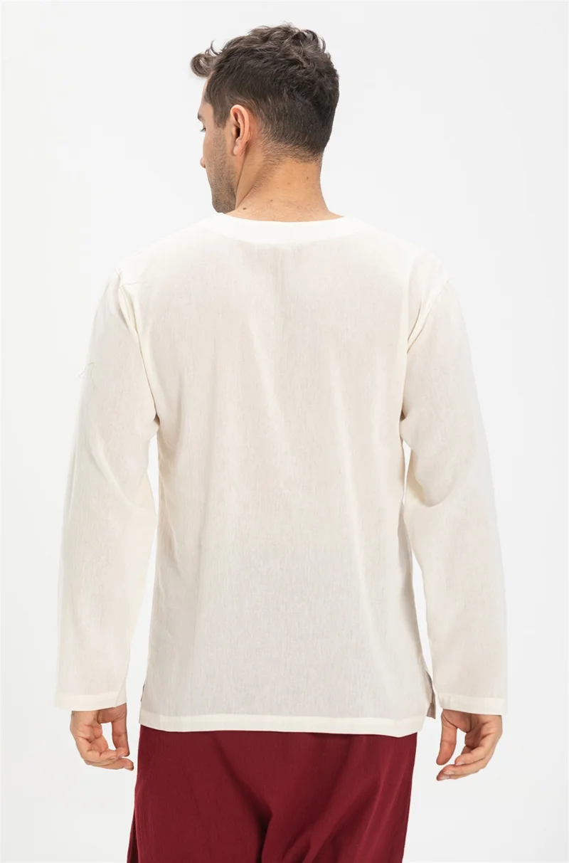 اليش شيل بيزي Uzun Kol Şile Bezi Bisiklet Yaka Erkek Tshirt Krem 3002