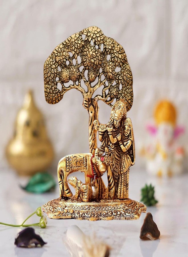 CHHARIYA CRAFTS تمثال معدني لرادا كريشنا مع بقرة وعجل من صنع شركة تشاريا كرافتس، مناسب لتزيين المنزل، كهدية في المناسبات الخاصة كذكرى الزواج، وحفلات الزفاف، وحفلات الانتقال إلى منزل جديد، أو كهدية تذكارية. - Image 1
