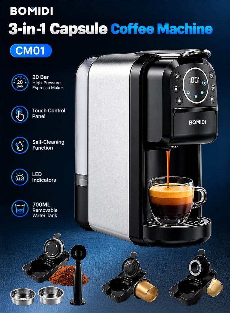 باميدي 3-in-1 Capsule Coffee Machine – Compatible with Nespresso, Dolce Gusto, and Ground Coffee – 20 Bar High-Pressure Espresso Maker with Touch Control Panel, Self-Cleaning Function, LED Indicators, 700ML Removable Water Tank – CM01 - Image 2