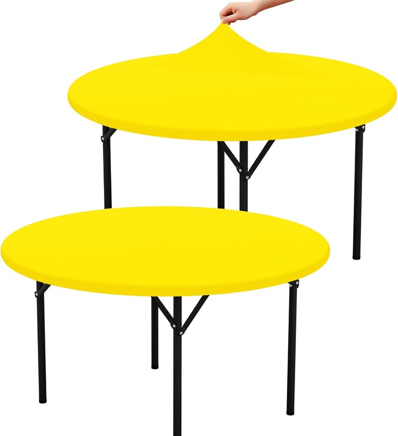 misaya 2 Packs Round Spandex Tablecloths, Stretch Elastic Tablecloth Cover Fitted for 45"-56" Round Tables, Waterproof Polyester Washable Table Cloth for Dining, Party, Outdoor and Indoor, Yellow - Image 1