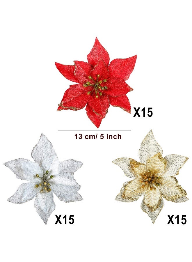 WILLBOND 45 Pieces Christmas Poinsettia Decorations Glitter Poinsettia Flowers Tree Flowers for Xmas Tree Ornaments, 5 Inch(Gold, Silver, Red) - Image 2