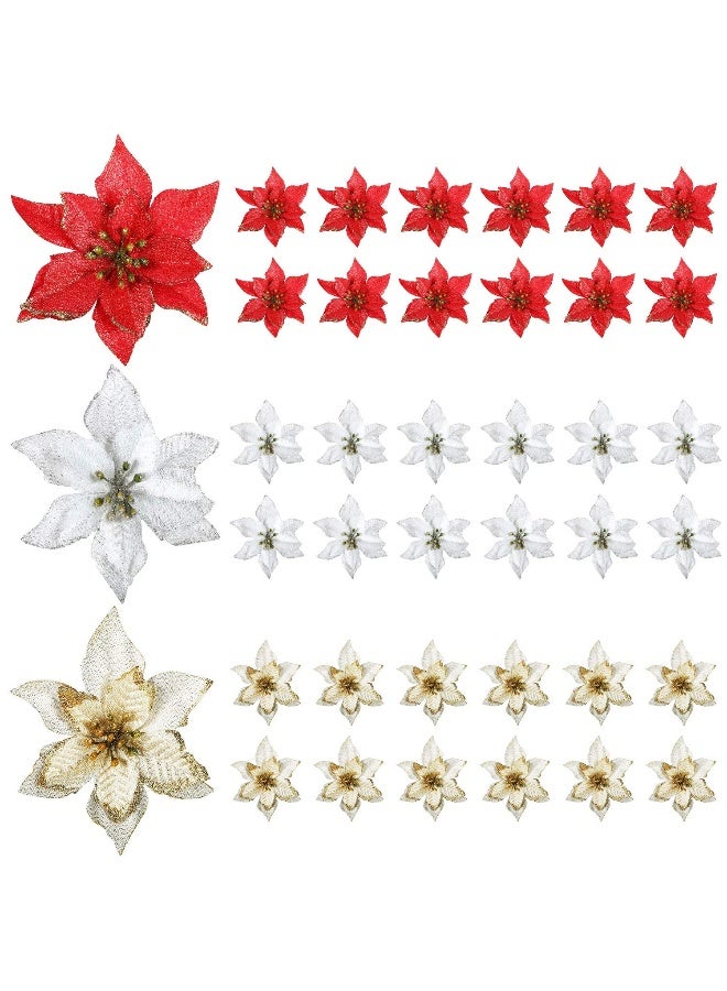 WILLBOND 45 Pieces Christmas Poinsettia Decorations Glitter Poinsettia Flowers Tree Flowers for Xmas Tree Ornaments, 5 Inch(Gold, Silver, Red) - Image 1