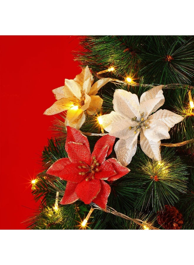 WILLBOND 45 Pieces Christmas Poinsettia Decorations Glitter Poinsettia Flowers Tree Flowers for Xmas Tree Ornaments, 5 Inch(Gold, Silver, Red) - Image 3