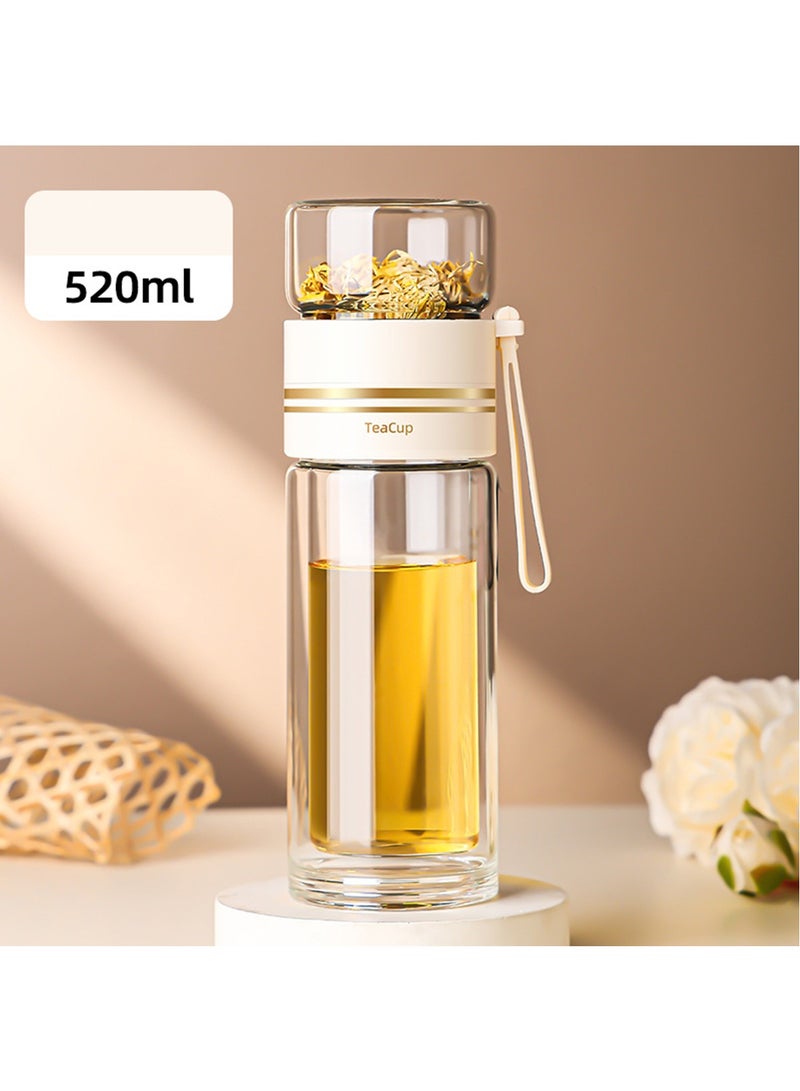 Hihonor Tea Infuser Bottle,Coffee Mug & Water Bottle with Tea Separation,Clear Double Wall Glass Water Bottle,Portable Travel Water Separation Tea Bottle Mug Cup with Tea Infuser for Women Men (White 520ml)  - Image 1