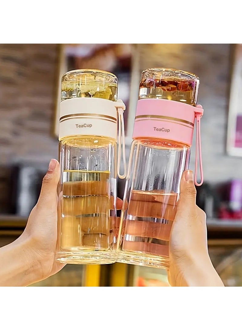 Tea Infuser Bottle,Coffee Mug & Water Bottle with Tea Separation,Clear Double Wall Glass Water Bottle,Portable Travel Water Separation Tea Bottle Mug Cup with Tea Infuser for Women Men (White 520ml)