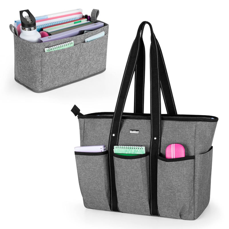 Damero Teacher Shoulder Bag, Teacher Utility Tote Bag with Felt Organiser Insert and Laptop Sleeve for Work Travel School, Grey - Image 1