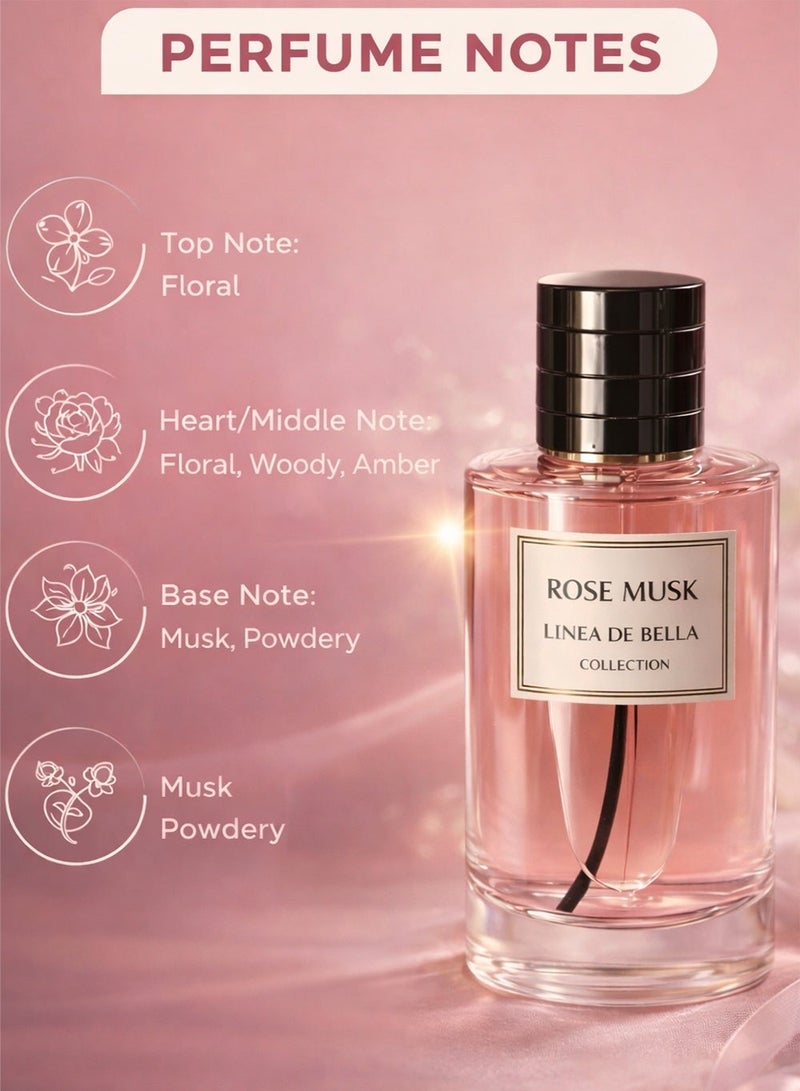 Linea De Bella Rose Musk Eau De Parfum 100ML | Long Lasting Rose Perfume for Women with Musk & Powdery Notes - Image 2