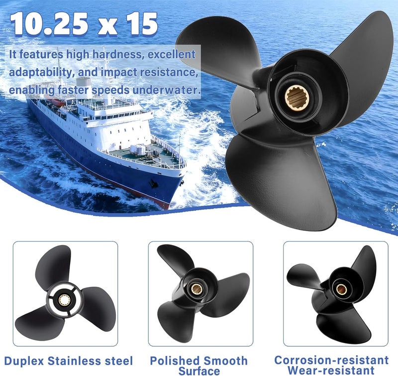 FYMP 10.25 x 14/15/16-G Polished/Black Stainless Steel Boat Outboard Propeller for Yamaha Engines 40-60hp - Image 2