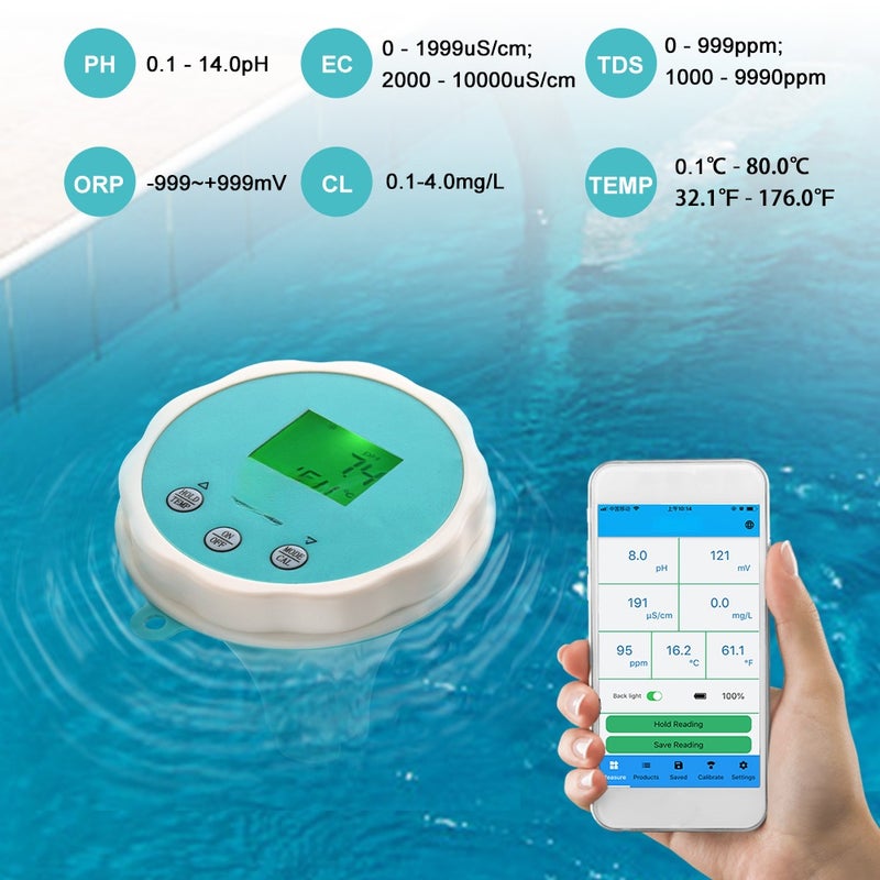Portable Water Quality Detector 6 In 1 PH EC Total Dissolved Solids ORP Temperature Chlorine Multi-function Water Quality Tester BT Mobilephone APP Remote Viewing LCD with Backlight Display IP67 - Image 5
