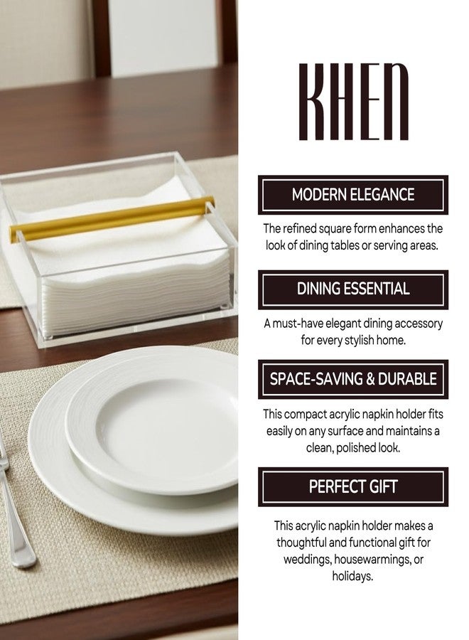 Khen Lucite Luxurious Clear & Gold Cocktail Napkin Holder – 7"x 7" Square Design | Modern Table Decor for Dining Room, Kitchen & Buffet | Elegant Tabletop Centerpiece, Organizer, Stylish Home Gift Serving - Image 5