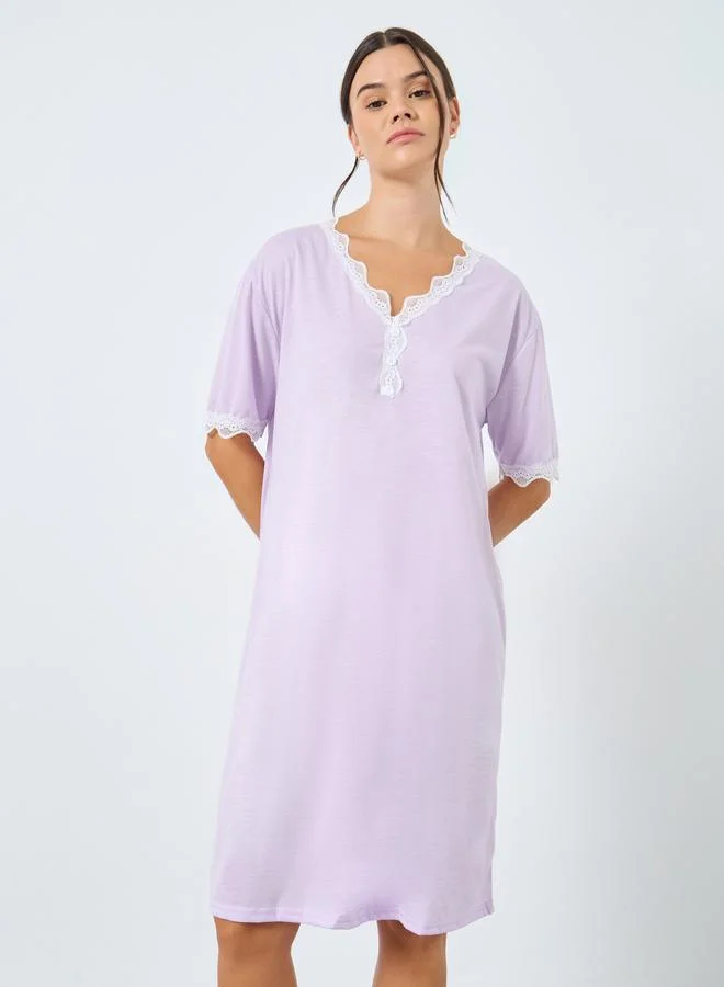 Styli Styli V Neck Placket Lace Trim Sleep T-Shirt Dress