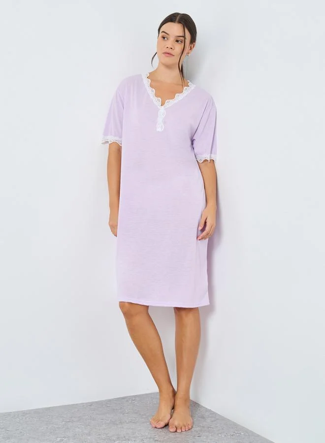 Styli Styli V Neck Placket Lace Trim Sleep T-Shirt Dress