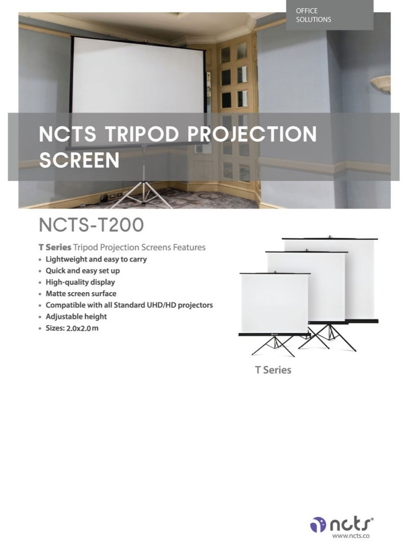 NCTS T200 T Series Tripod Projection Screen – 2.0 x 2.0M Matte Screen Surface with Quick Portable Foldable Design – Indoor & Outdoor, High Quality Display for UHD/HD Projector with Adjustable Height - Image 3