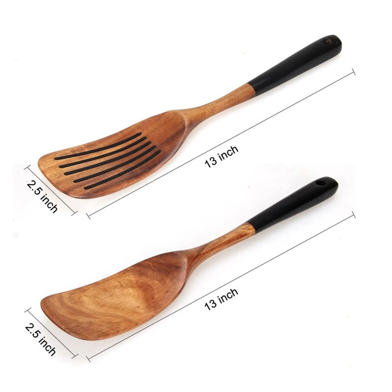 Acacia Wood Spatula and Spoon Set 2 Piece Long Handled Kitchen Utensils for Non Stick Cookware - Image 1