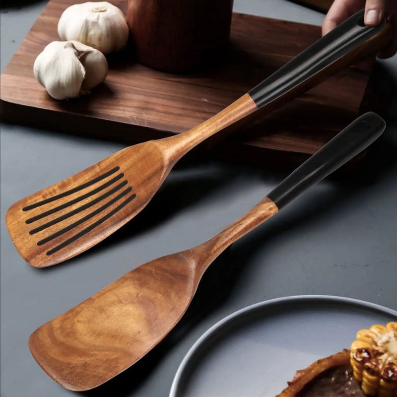 Acacia Wood Spatula and Spoon Set 2 Piece Long Handled Kitchen Utensils for Non Stick Cookware - Image 3
