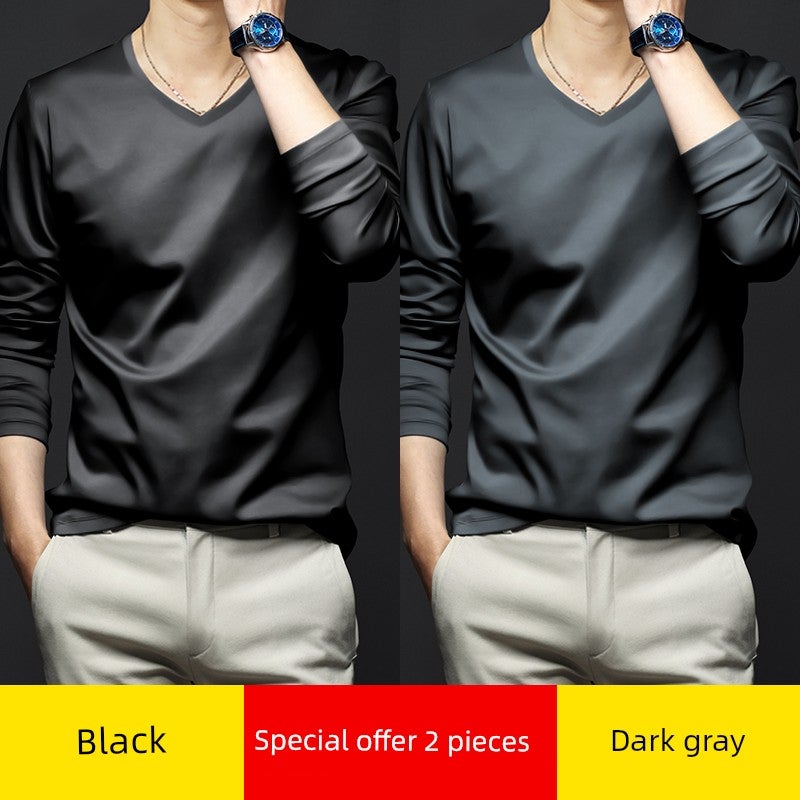 High-end modal long-sleeved t-shirt men's V-neck solid white inner wear New  base shirt autumn clothes small shirt thin style - Image 3