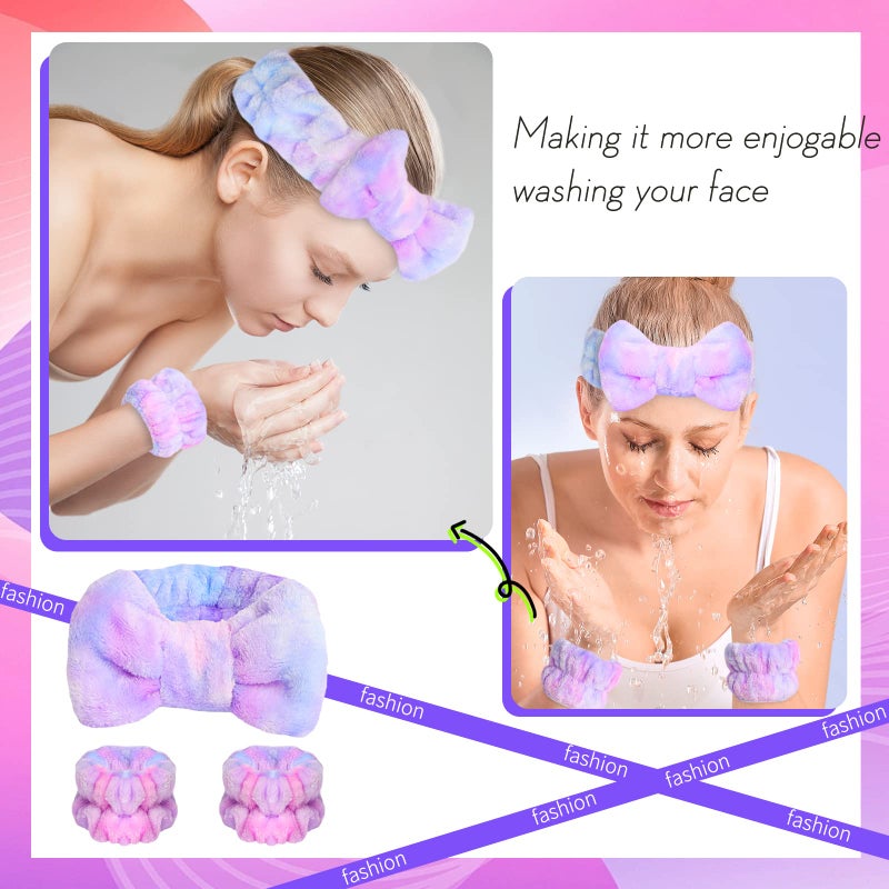 WSYUB Spa Headband and Matching Wrist Bands for Washing Face, Fuzzy Skincare Bow Headbands, Soft Facial Makeup Head Bands, Shower Hair Sleepover Party Supplies - Image 3