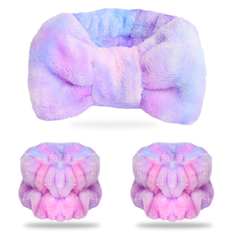 WSYUB Spa Headband and Matching Wrist Bands for Washing Face, Fuzzy Skincare Bow Headbands, Soft Facial Makeup Head Bands, Shower Hair Sleepover Party Supplies - Image 1