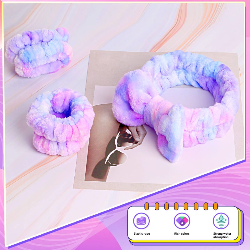 WSYUB Spa Headband and Matching Wrist Bands for Washing Face, Fuzzy Skincare Bow Headbands, Soft Facial Makeup Head Bands, Shower Hair Sleepover Party Supplies - Image 5