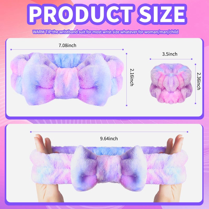 WSYUB Spa Headband and Matching Wrist Bands for Washing Face, Fuzzy Skincare Bow Headbands, Soft Facial Makeup Head Bands, Shower Hair Sleepover Party Supplies - Image 2