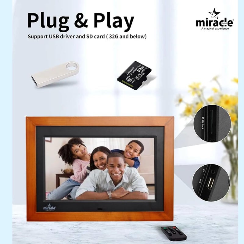 miracle digital 10" IPS Wooden Digital Photo Frame | 8GB Memory, 2GB RAM | High-Def Display, USB & SD Card Support | Slideshow, Video, Audio | 180° Wide Viewing Angle (Dark Wood) - Image 2