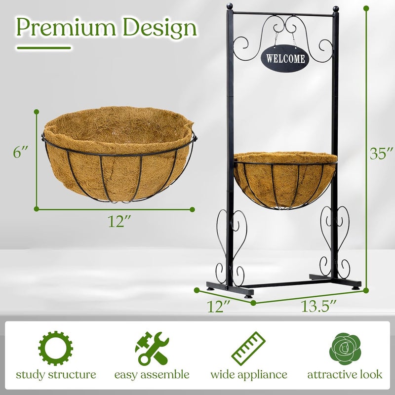 Sorbus Welcome Planter Basket Stand with Coco Liner, Stylish Flower, Plant, and Outdoor Décor for Home, Garden, Patio, Deck, Black Metal - Image 3