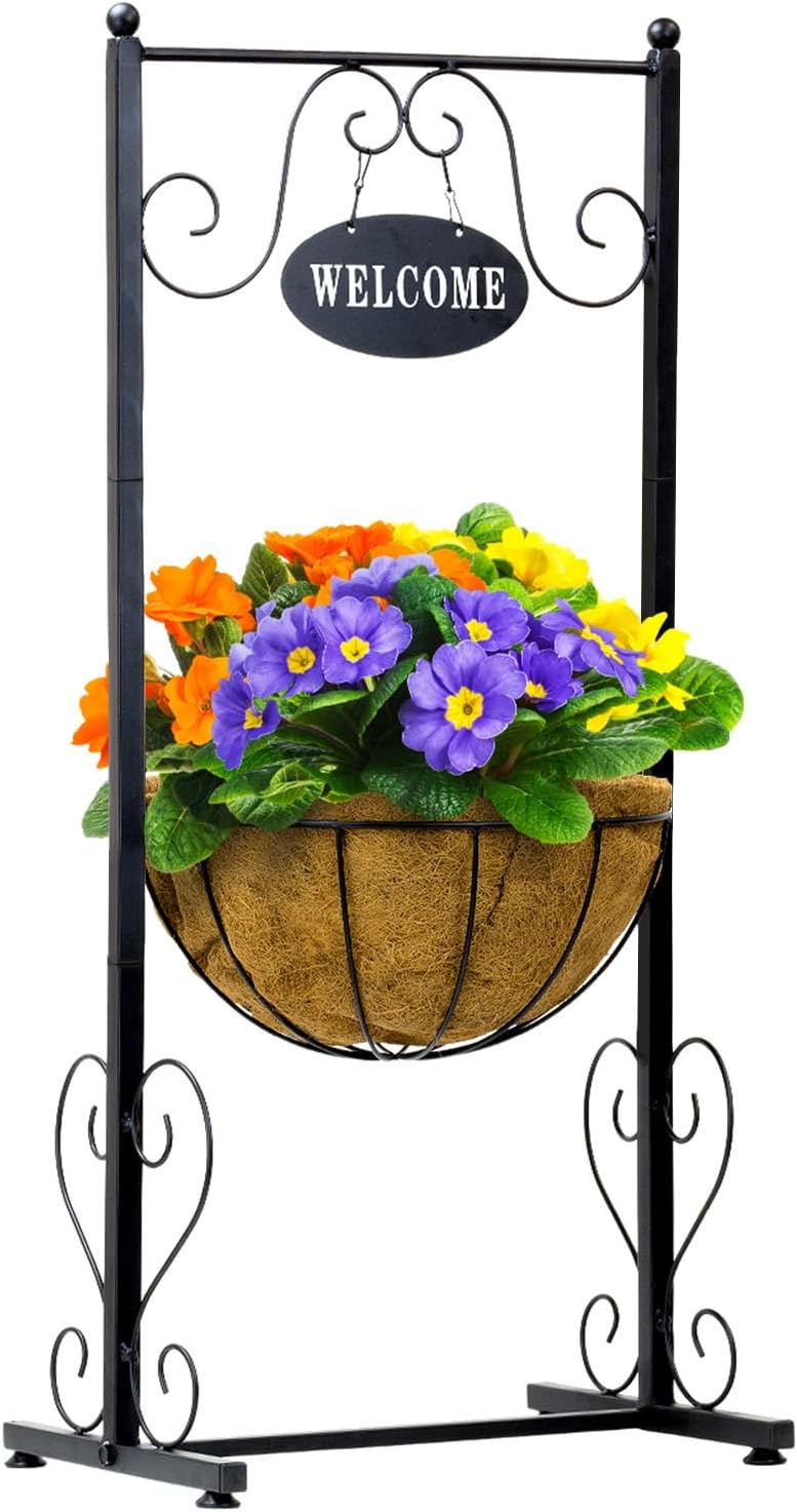 Sorbus Welcome Planter Basket Stand with Coco Liner, Stylish Flower, Plant, and Outdoor Décor for Home, Garden, Patio, Deck, Black Metal - Image 1