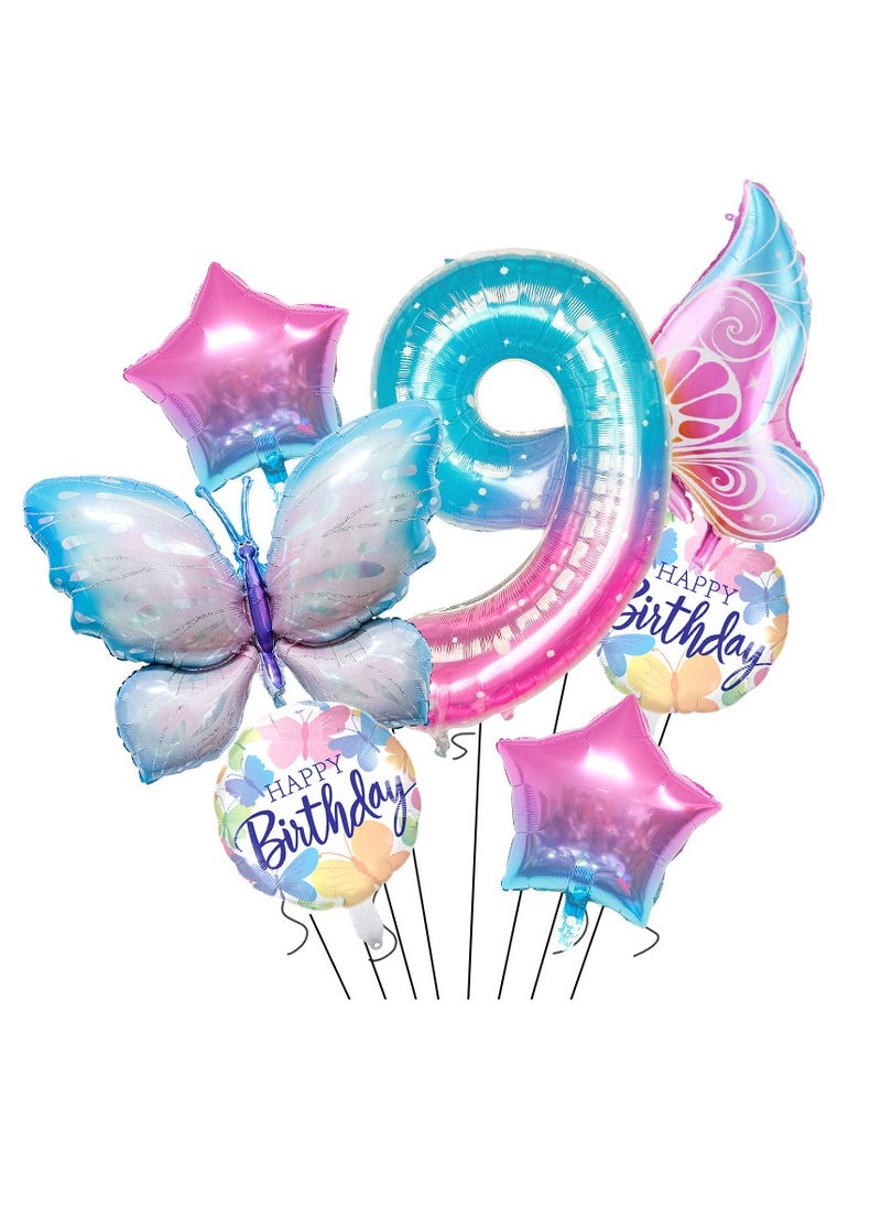 She&Little Butterfly Balloon Party Decoration Set Foil Balloons for Girls Baby Shower Birthday Purple Theme Balloon Kit 7 Pieces Number 9 