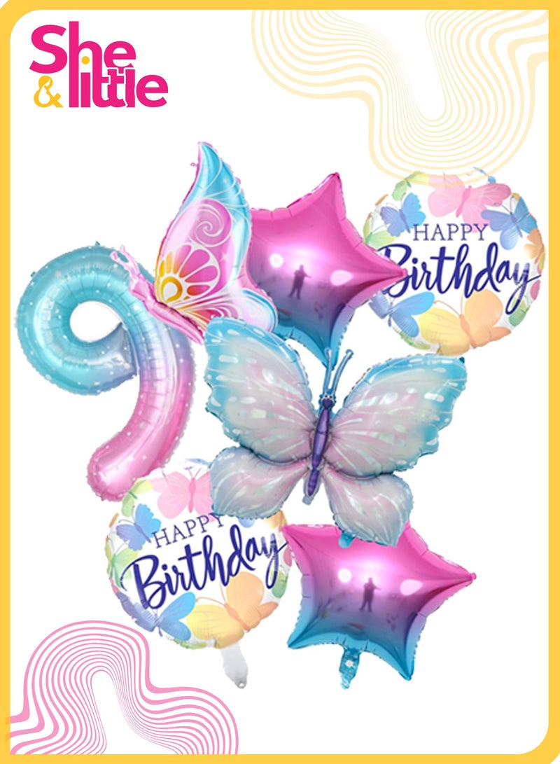 She&Little Butterfly Balloon Party Decoration Set, Foil Balloons for Celebration, Self Sealing Design, 7 Piece Purple Theme Combo, Number 9 Birthday Decor  - Image 1