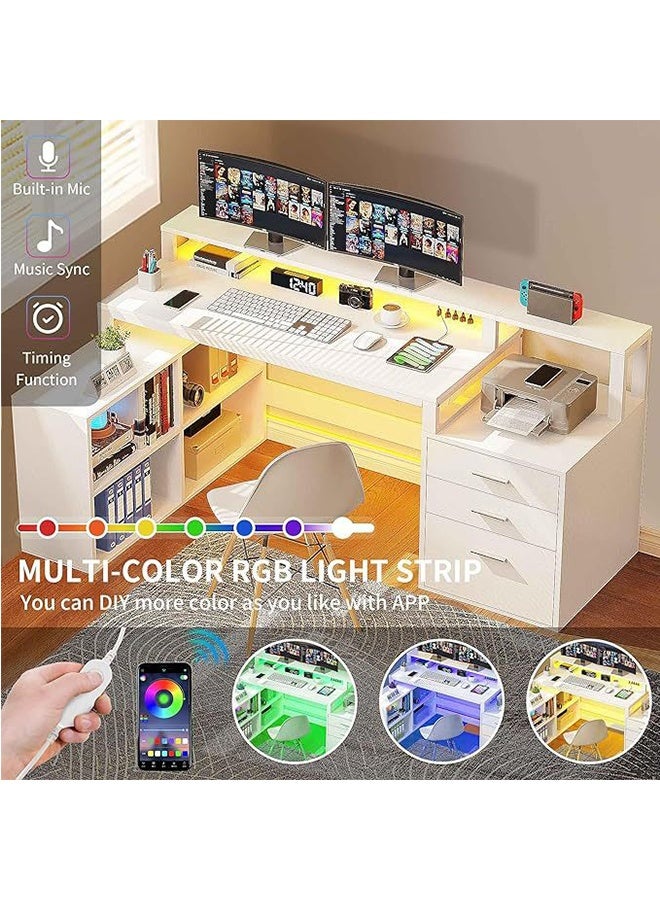 JCB CHIC مكتب كمبيوتر 3 في 1  مكتب دراسة، مكتب ألعاب متعدد الوظائف مزود بمصابيح LED ومنافذ طاقة، طاولة كمبيوتر مع مساحة تخزين وأدراج، مكتب مكتبي قائم مع خزانة ملفات من القماش - Image 3